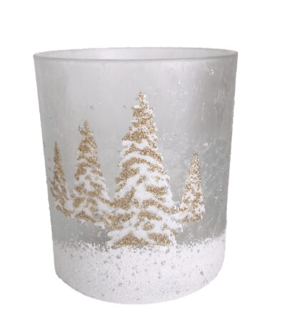 Teelichthalter Teelicht Weiß gold Glas mit Weihnachtsbäumen verschneit Kaheku