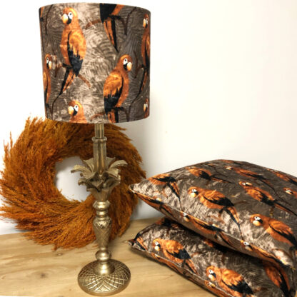 Tischlampe bronze Palme mit Lampenschirm Papagei Palme orange Rost Khaki Dschungel Safari Papageien im Dschungel Samt
